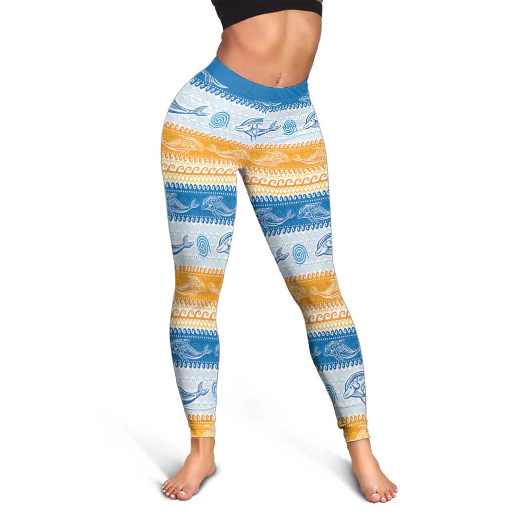 Anguilla Dolphins Pattern Leggings Orange And Blue - Wonder Print Shop