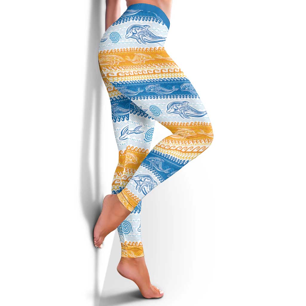 Anguilla Dolphins Pattern Leggings Orange And Blue - Wonder Print Shop