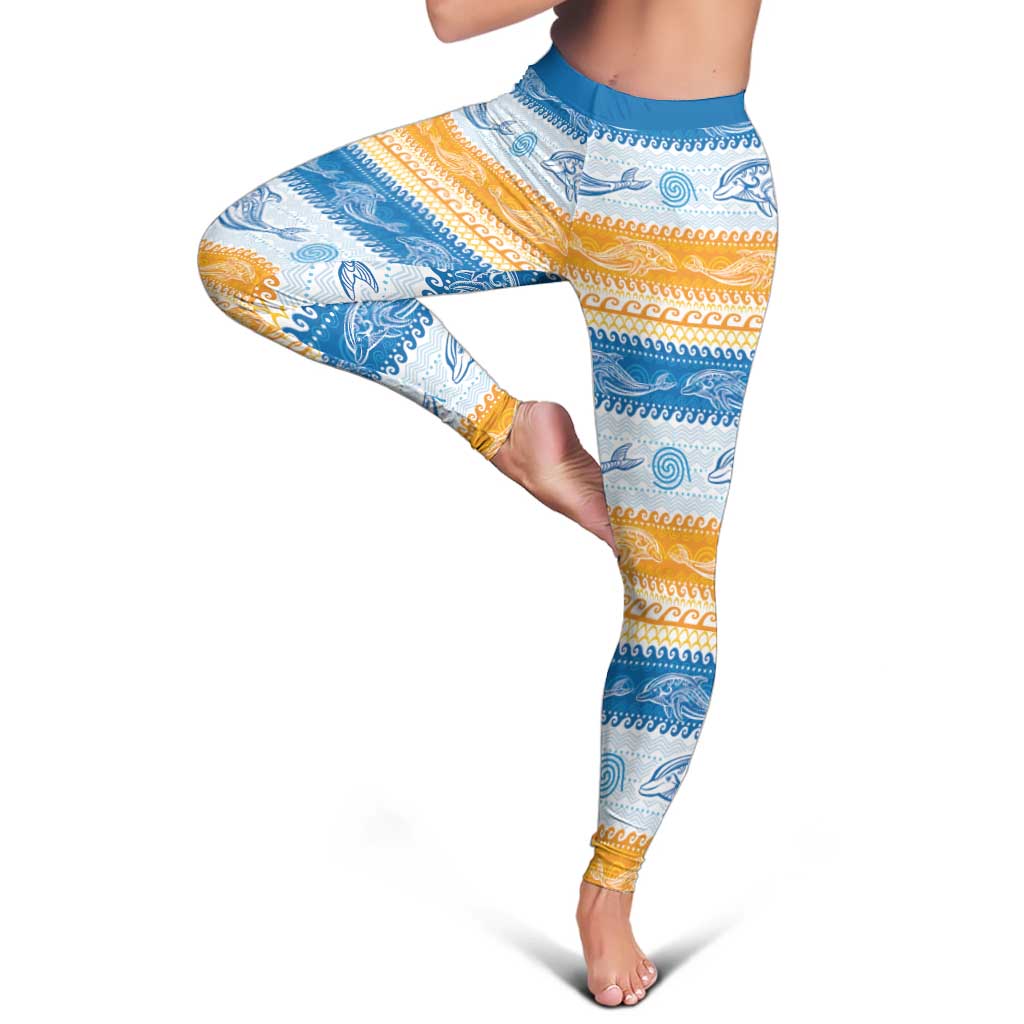 Anguilla Dolphins Pattern Leggings Orange And Blue - Wonder Print Shop