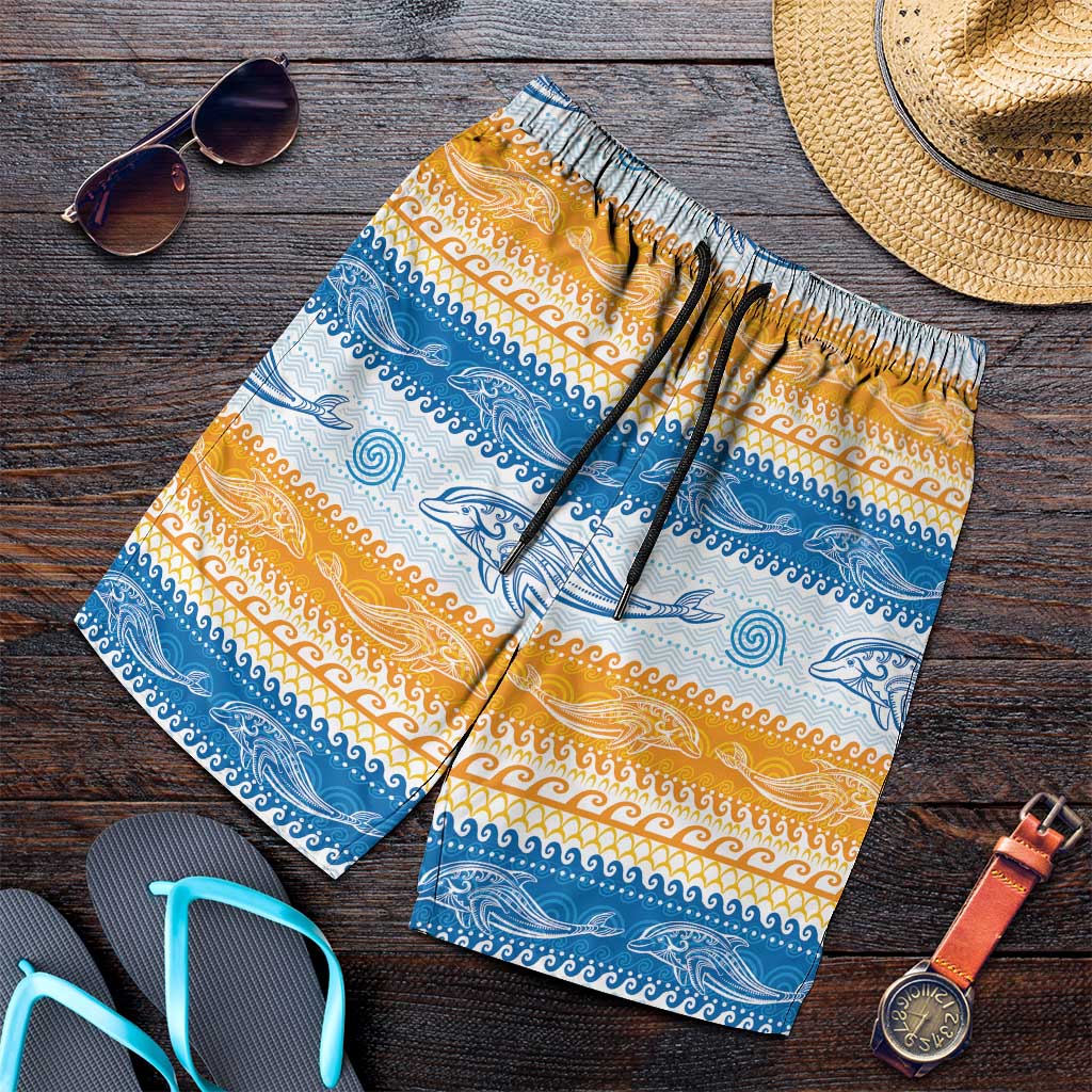 Anguilla Dolphins Pattern Shorts for Men Orange And Blue - Wonder Print Shop