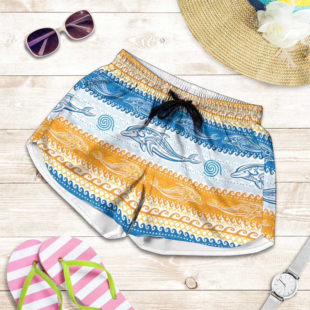 Anguilla Dolphins Pattern Shorts for Women Orange And Blue - Wonder Print Shop
