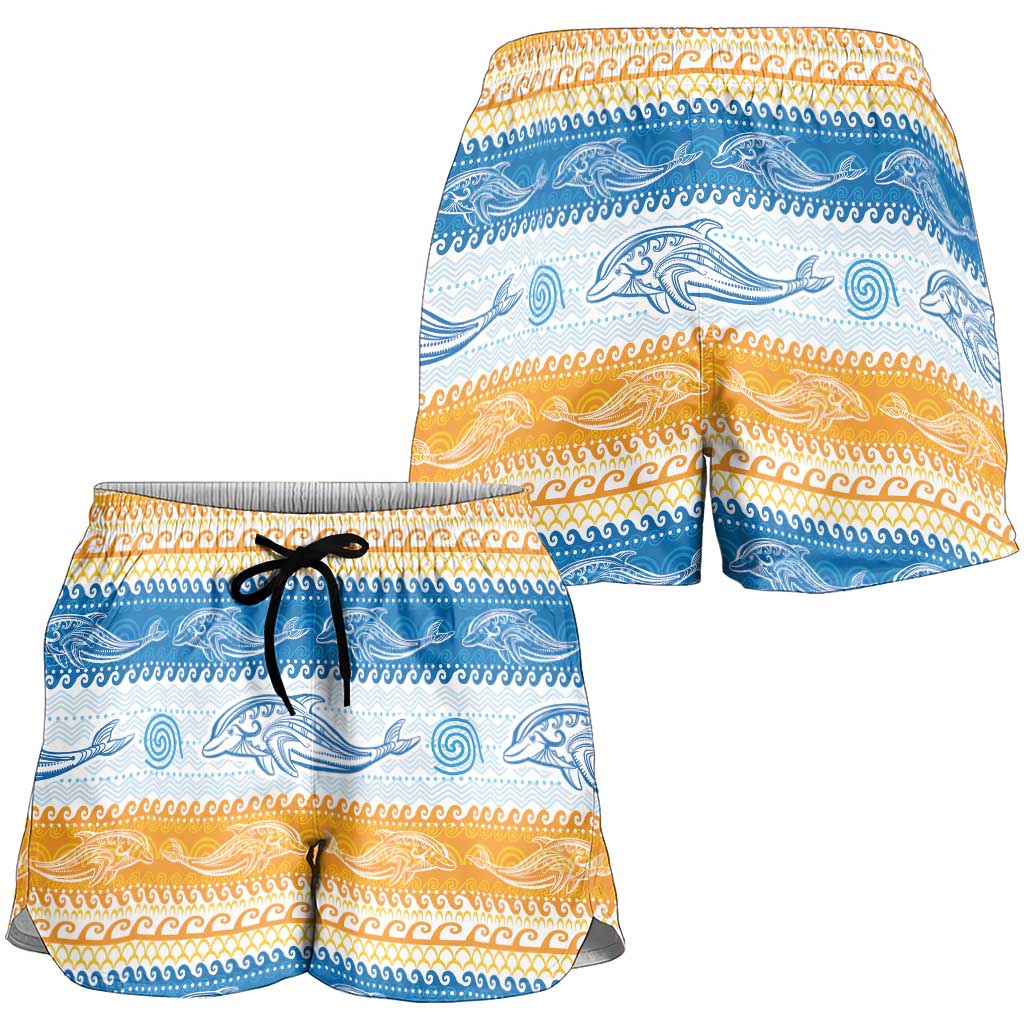 Anguilla Dolphins Pattern Shorts for Women Orange And Blue - Wonder Print Shop