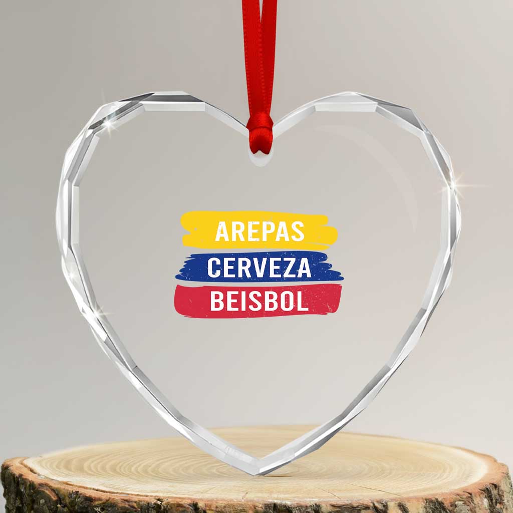 Arepas Cerveza Beisbol Venezuela Things Heart Crystal Glass Ornament Funny Latino Food Beer and Baseball Pride