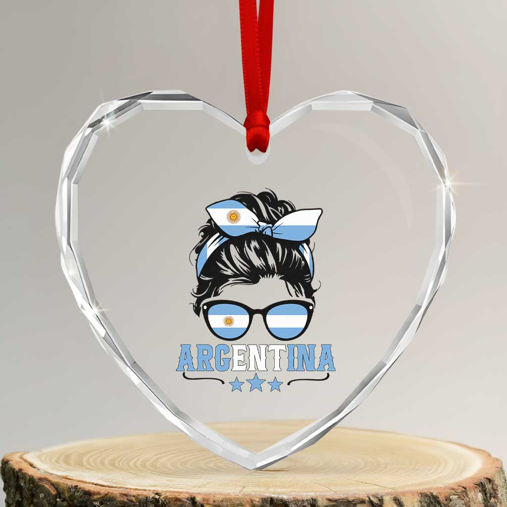 Argentina Messy Bun Proud Argentinian Flag Heart Crystal Glass Ornament