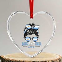 Argentina Messy Bun Proud Argentinian Flag Heart Crystal Glass Ornament