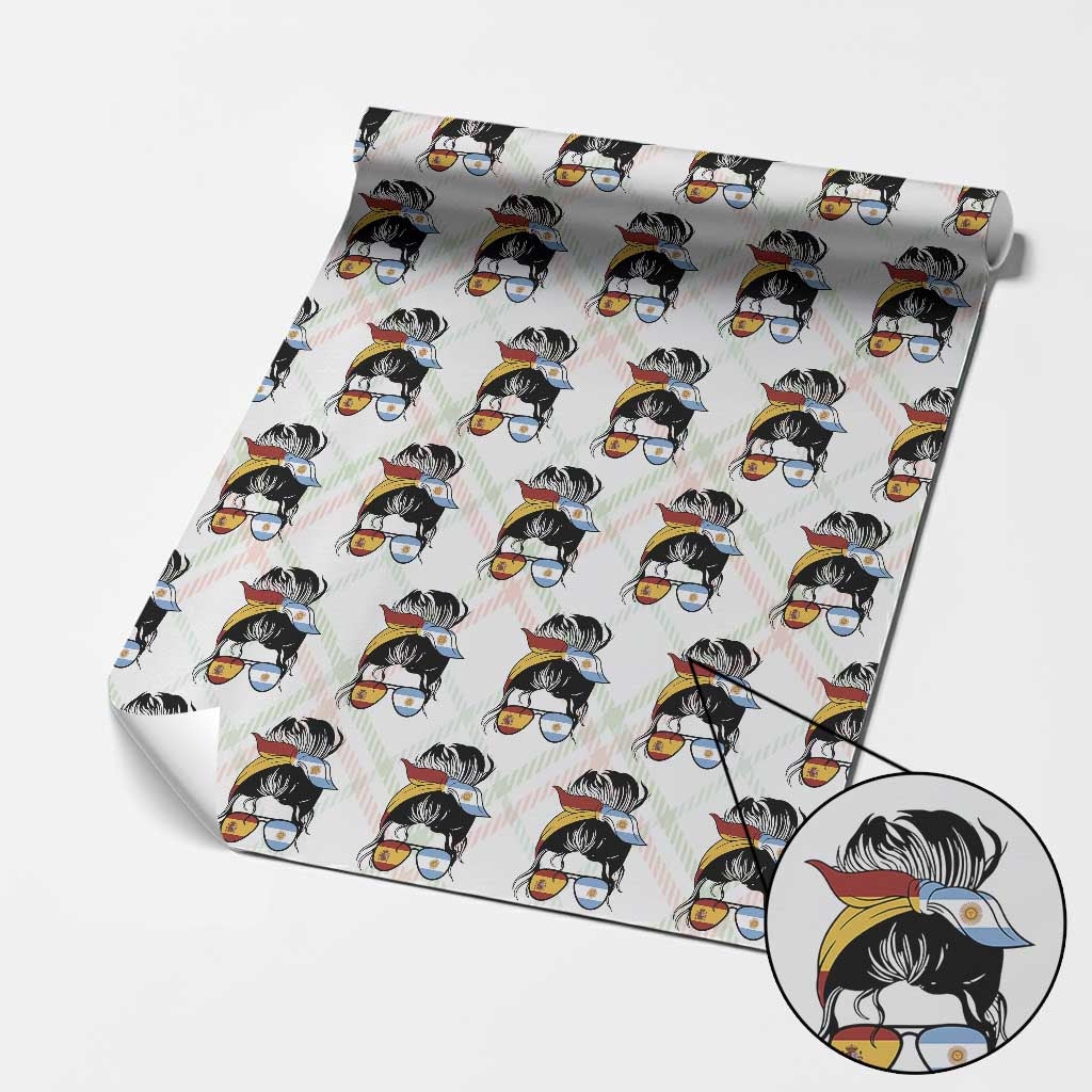 Argentina Spain Flag Messy Bun Girl Graphic Wrapping Paper Roll Cool Latina Argentine Spanish Pride Match Day