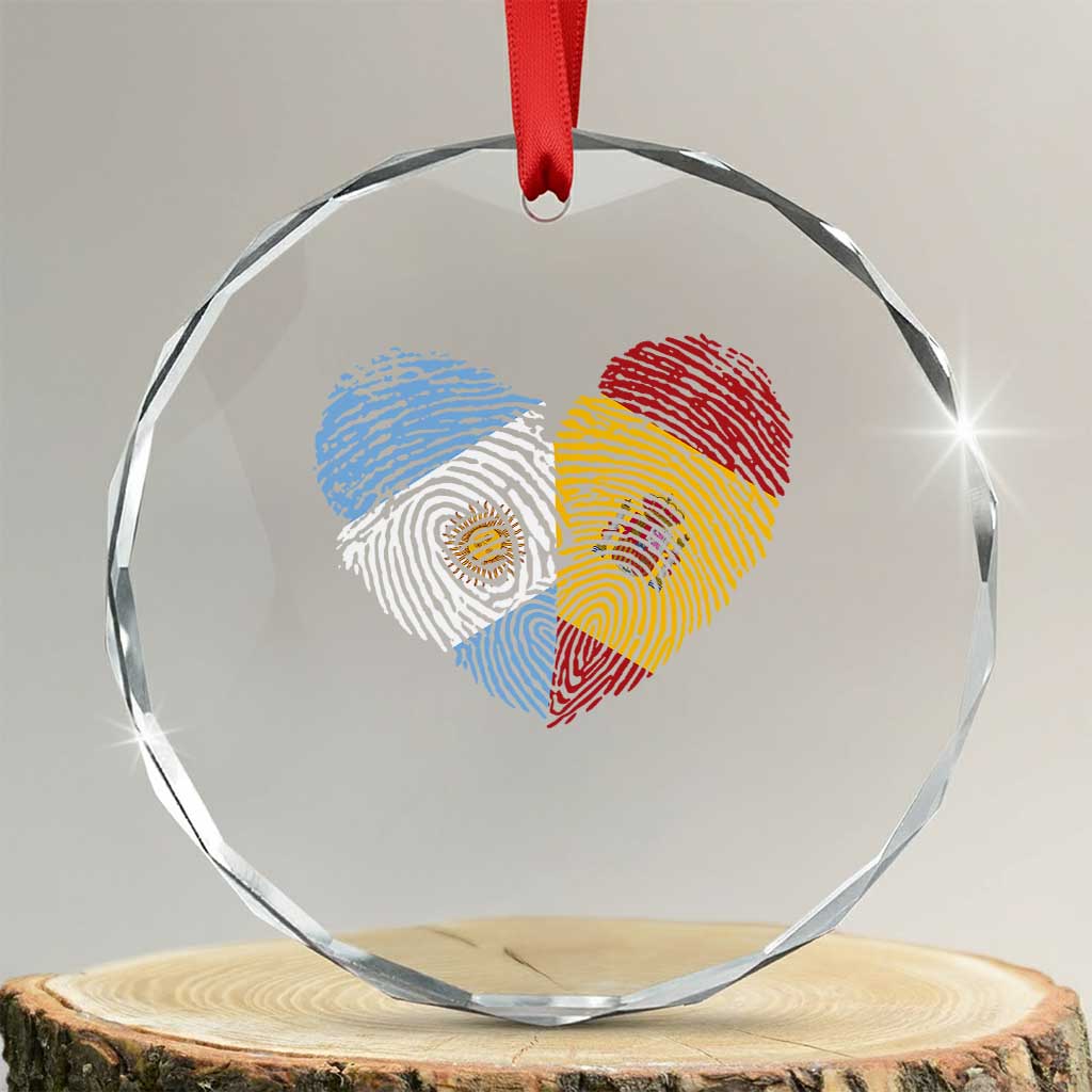 Argentina Spain Flag Mixed Roots Fingerprint Heart Graphic Crystal Glass Ornament Argentine Spanish Dual Heritage Hispanic Pride Match Day