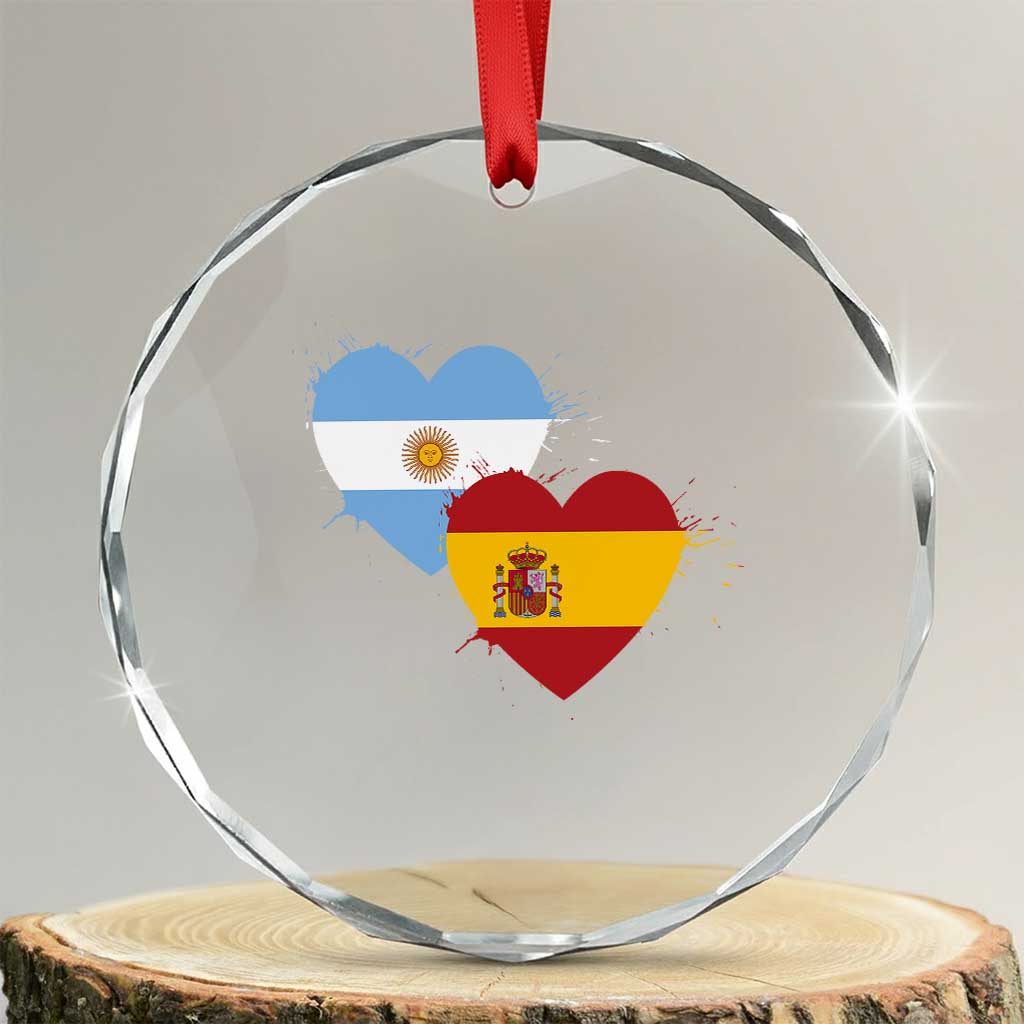 Argentina Spain Flag Two Hearts Graphic Crystal Glass Ornament Dual Argentine Spanish Heritage Love Pride