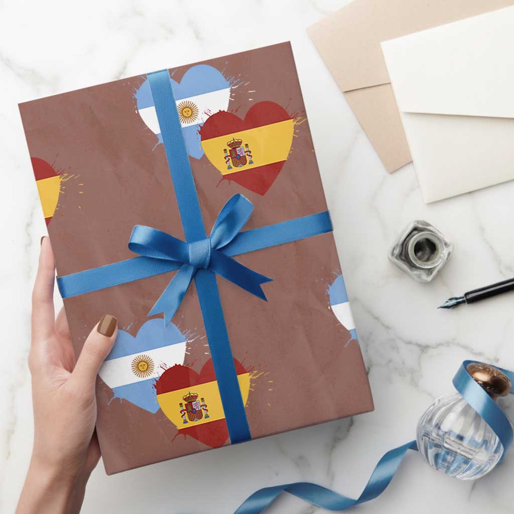 Argentina Spain Flag Two Hearts Graphic Wrapping Paper Roll Dual Argentine Spanish Heritage Love Pride