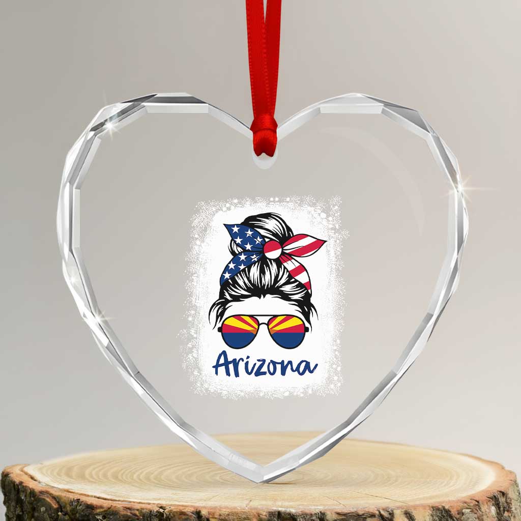 Arizona American Flag Messy Bun Pride Heart Crystal Glass Ornament