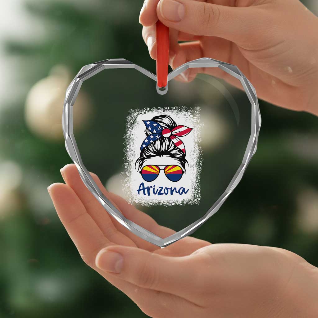 Arizona American Flag Messy Bun Pride Heart Crystal Glass Ornament