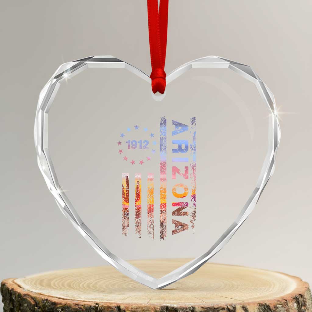 Arizona American Flag Pride Cactus Landscape Established 1912 Heart Crystal Glass Ornament