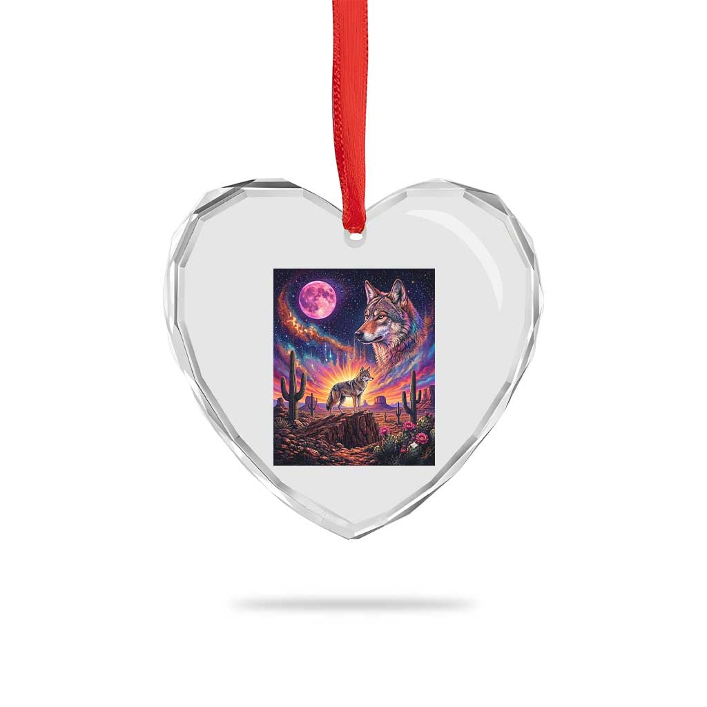 Arizona Coyote Vintage Desert Moon Retro Cactus Heart Crystal Glass Ornament Southwest Wildlife Western Adventure Graphic