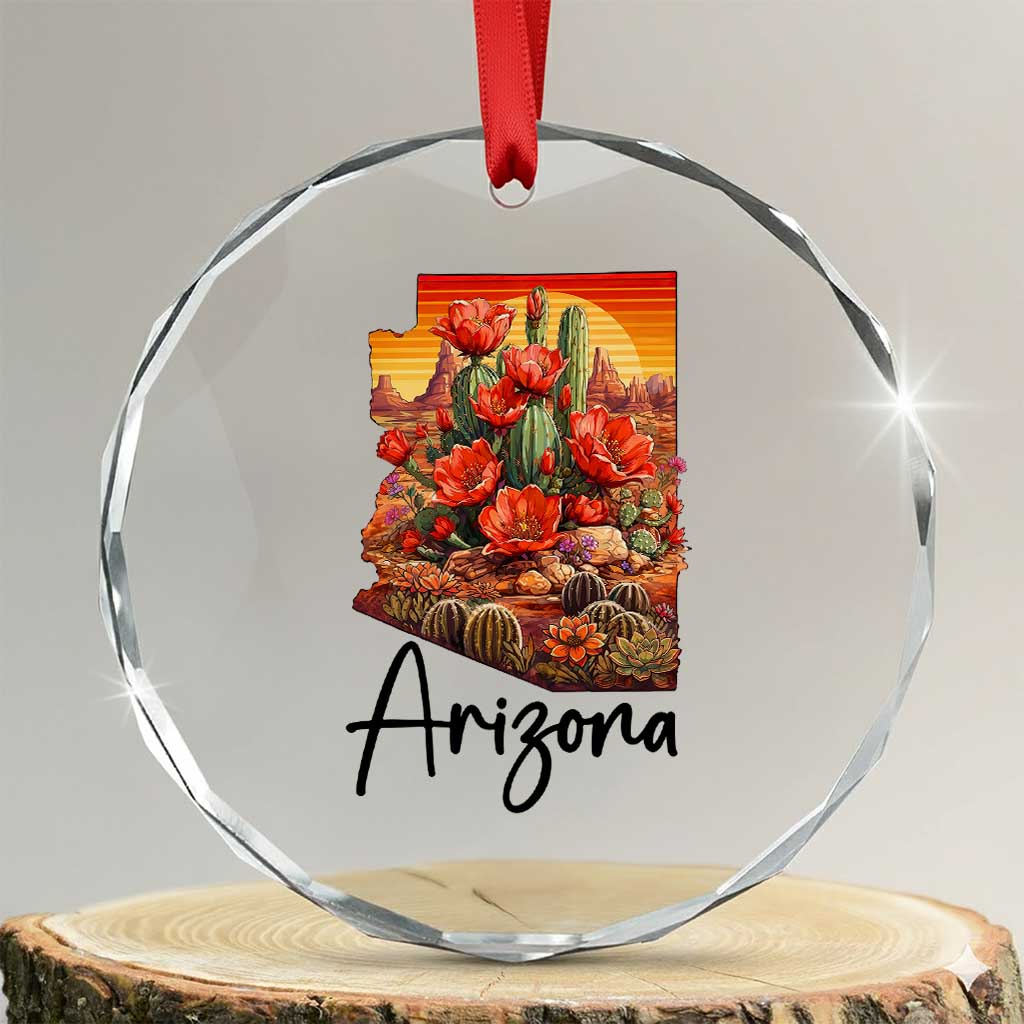 Arizona Map Blooming Cactus Flowers Gift Crystal Glass Ornament