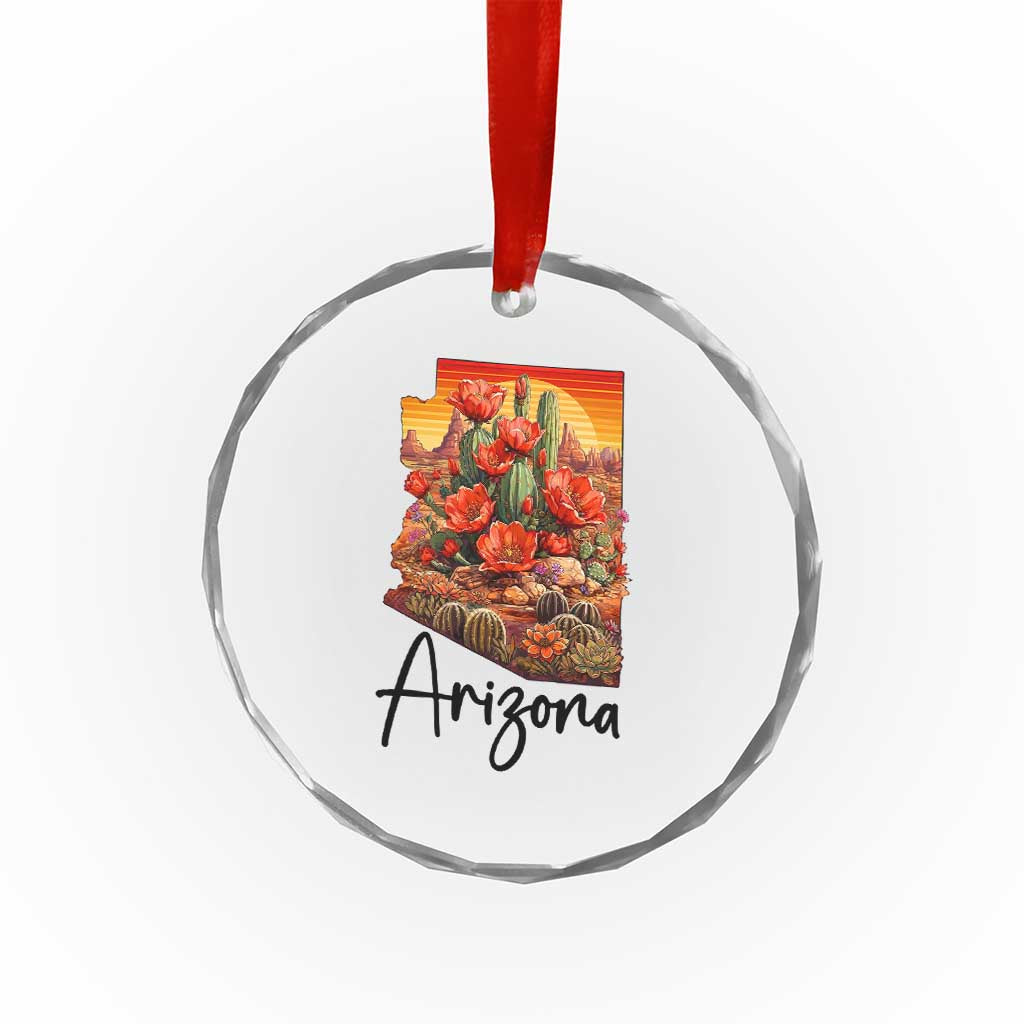 Arizona Map Blooming Cactus Flowers Gift Crystal Glass Ornament