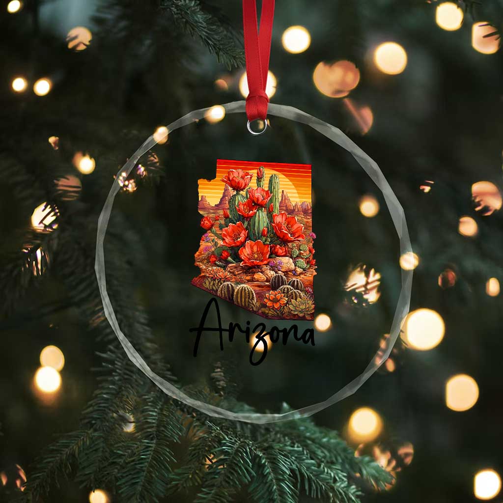 Arizona Map Blooming Cactus Flowers Gift Crystal Glass Ornament