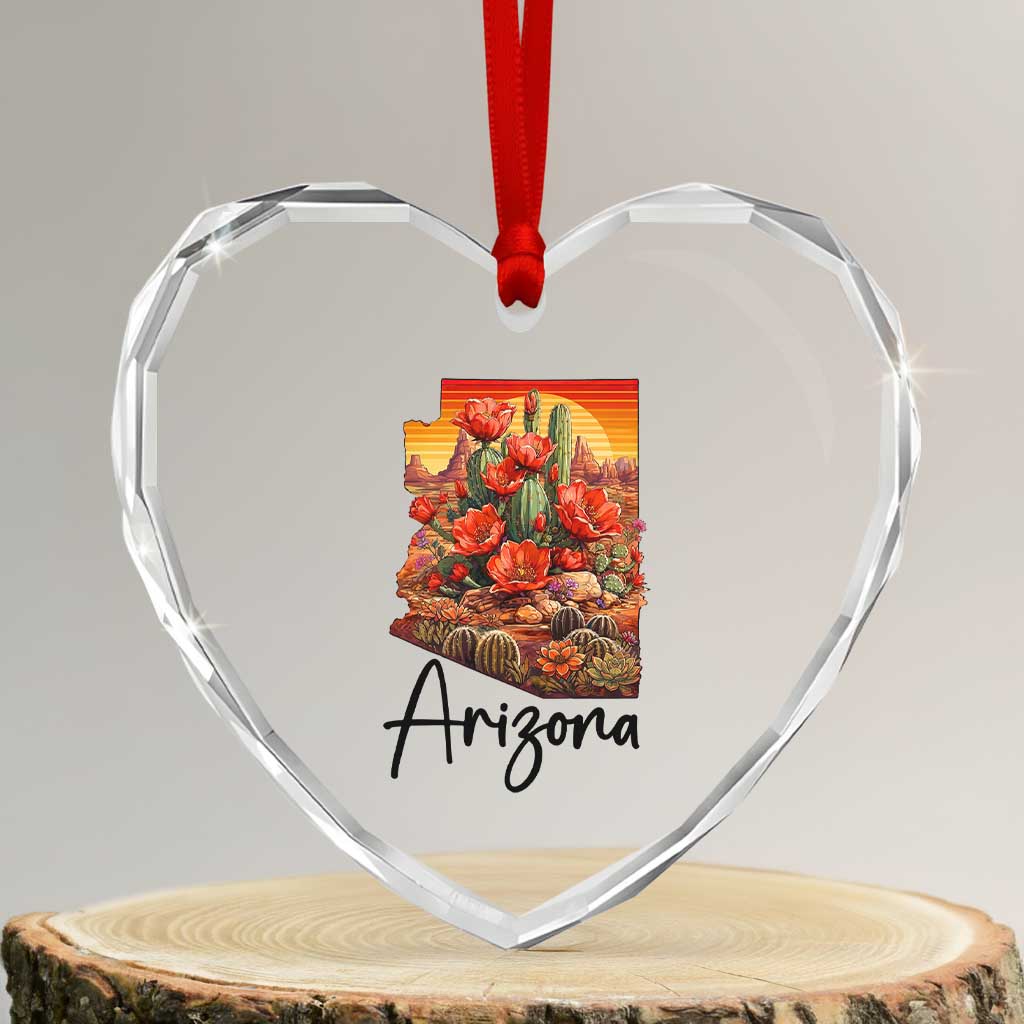 Arizona Map Blooming Cactus Flowers Gift Heart Crystal Glass Ornament