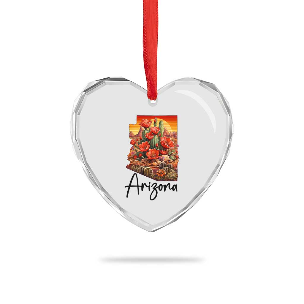 Arizona Map Blooming Cactus Flowers Gift Heart Crystal Glass Ornament