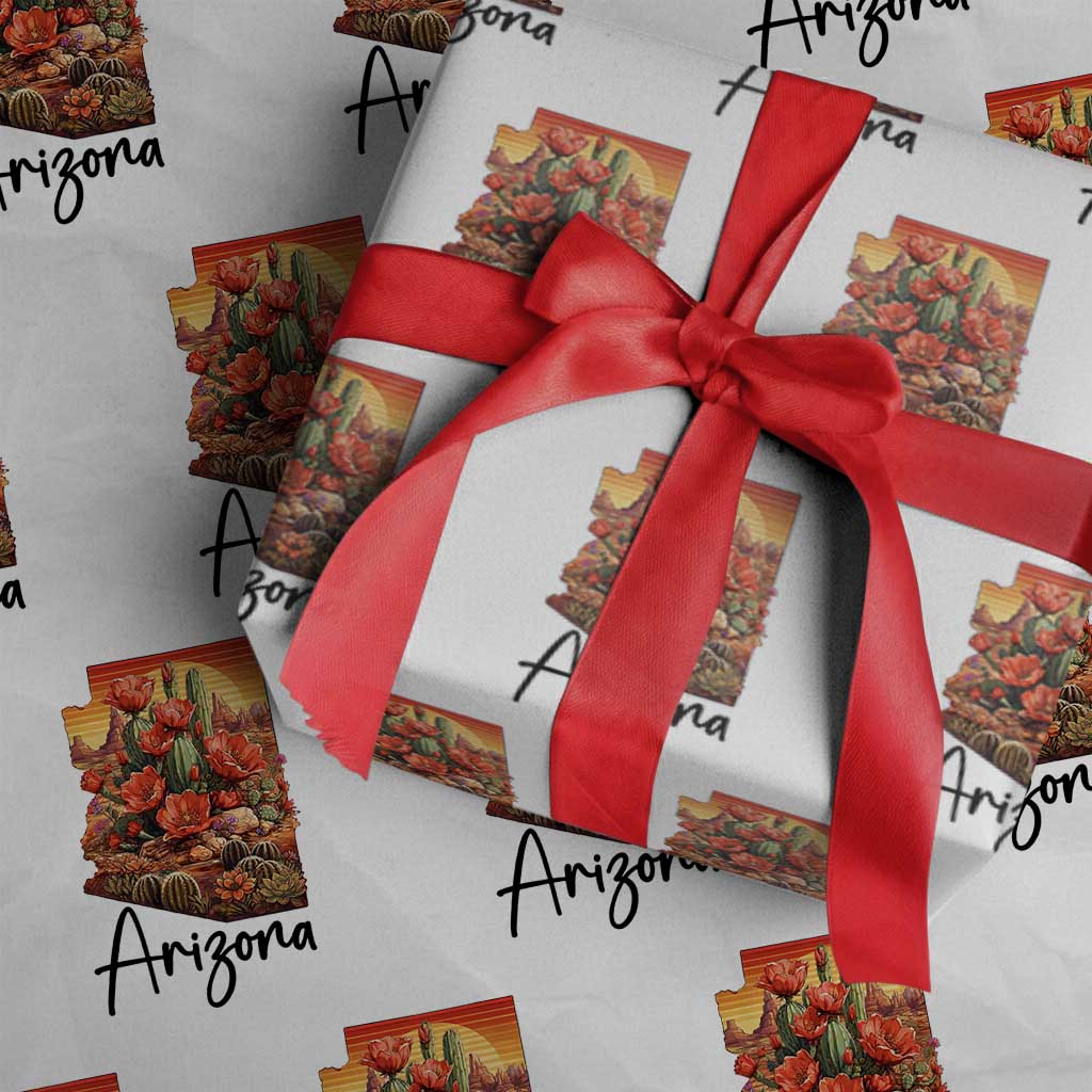 Arizona Map Blooming Cactus Flowers Gift Wrapping Paper Roll