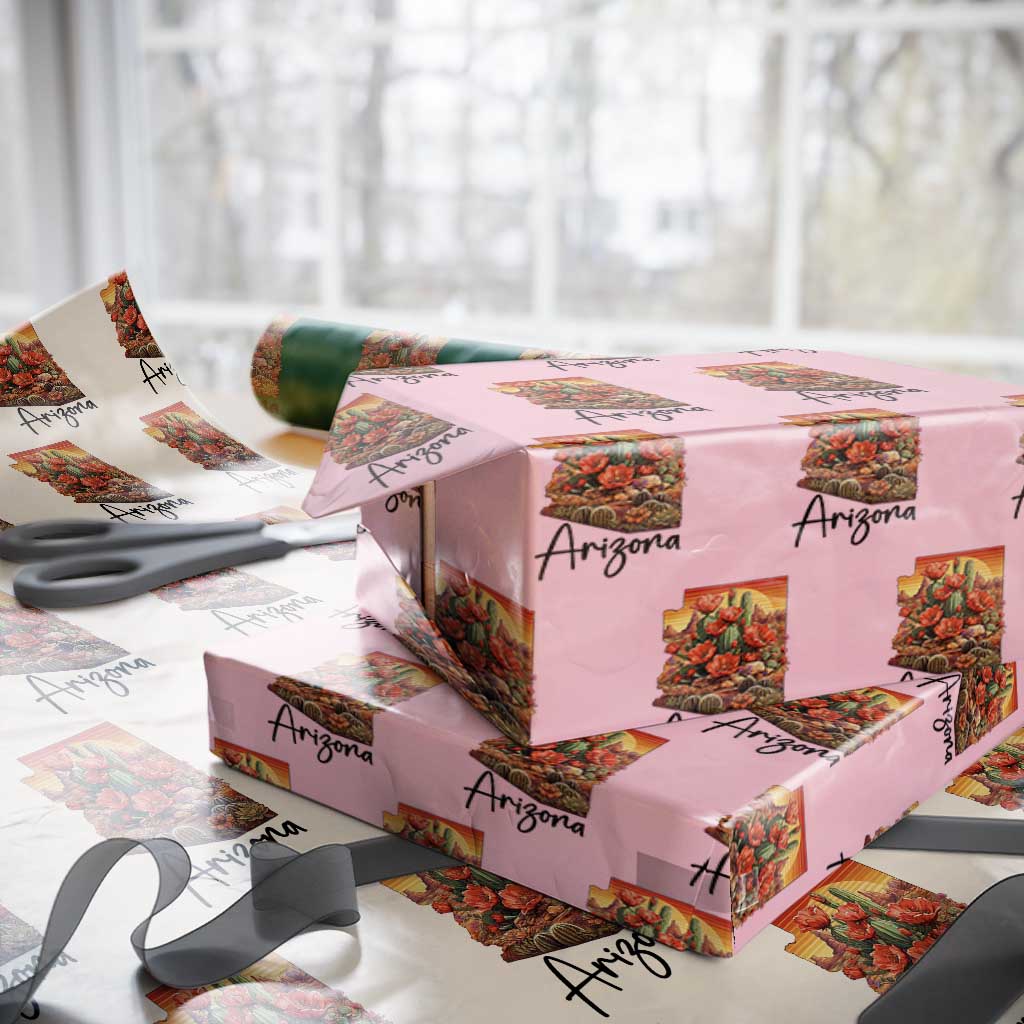 Arizona Map Blooming Cactus Flowers Gift Wrapping Paper Roll