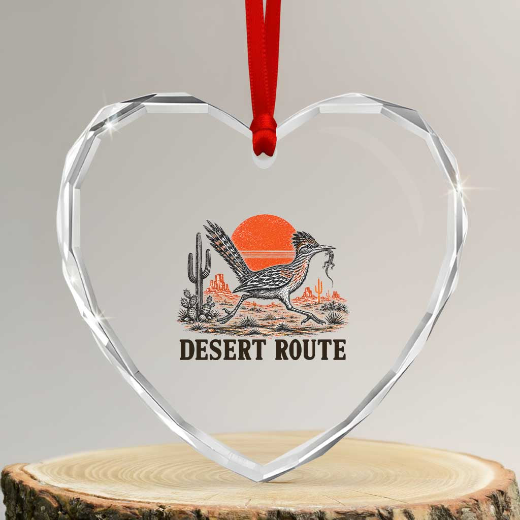 Arizona Roadrunner Bird Desert Landscape Cactus Heart Crystal Glass Ornament