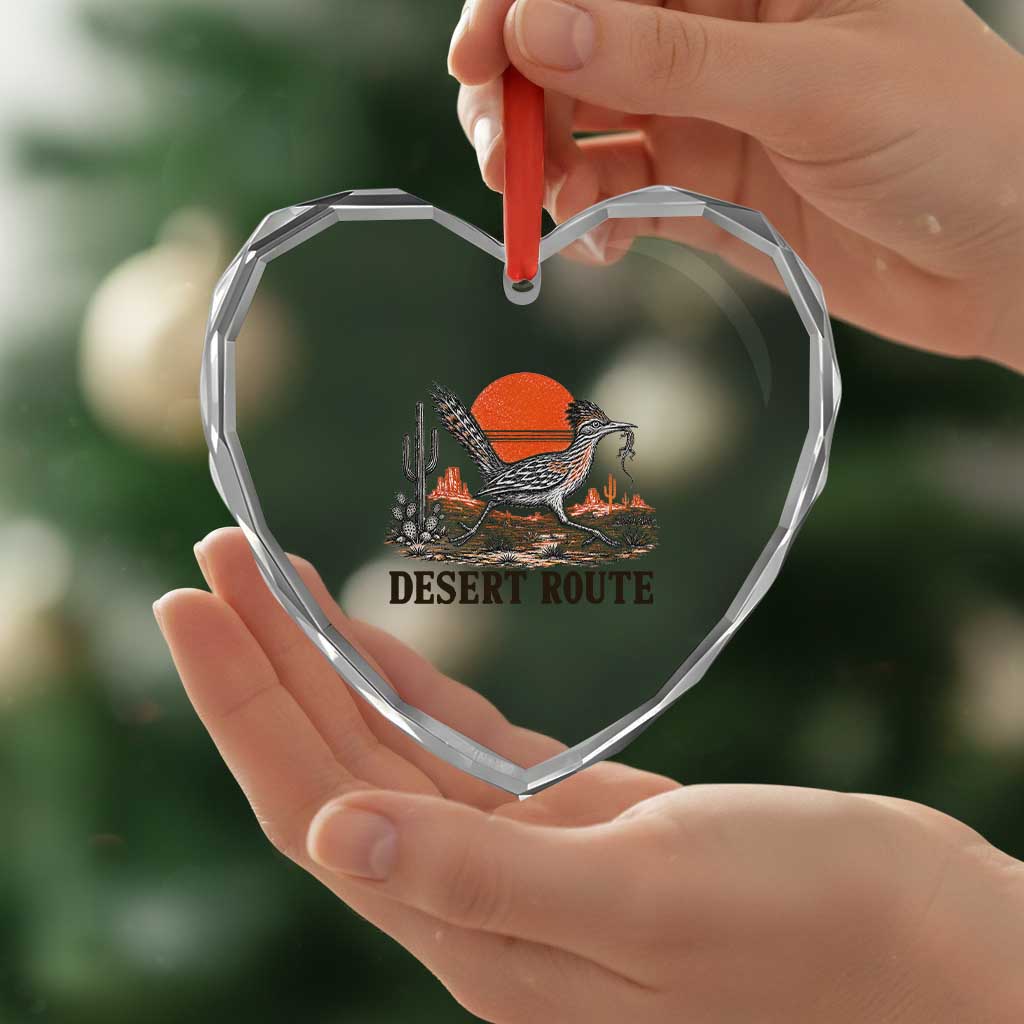 Arizona Roadrunner Bird Desert Landscape Cactus Heart Crystal Glass Ornament