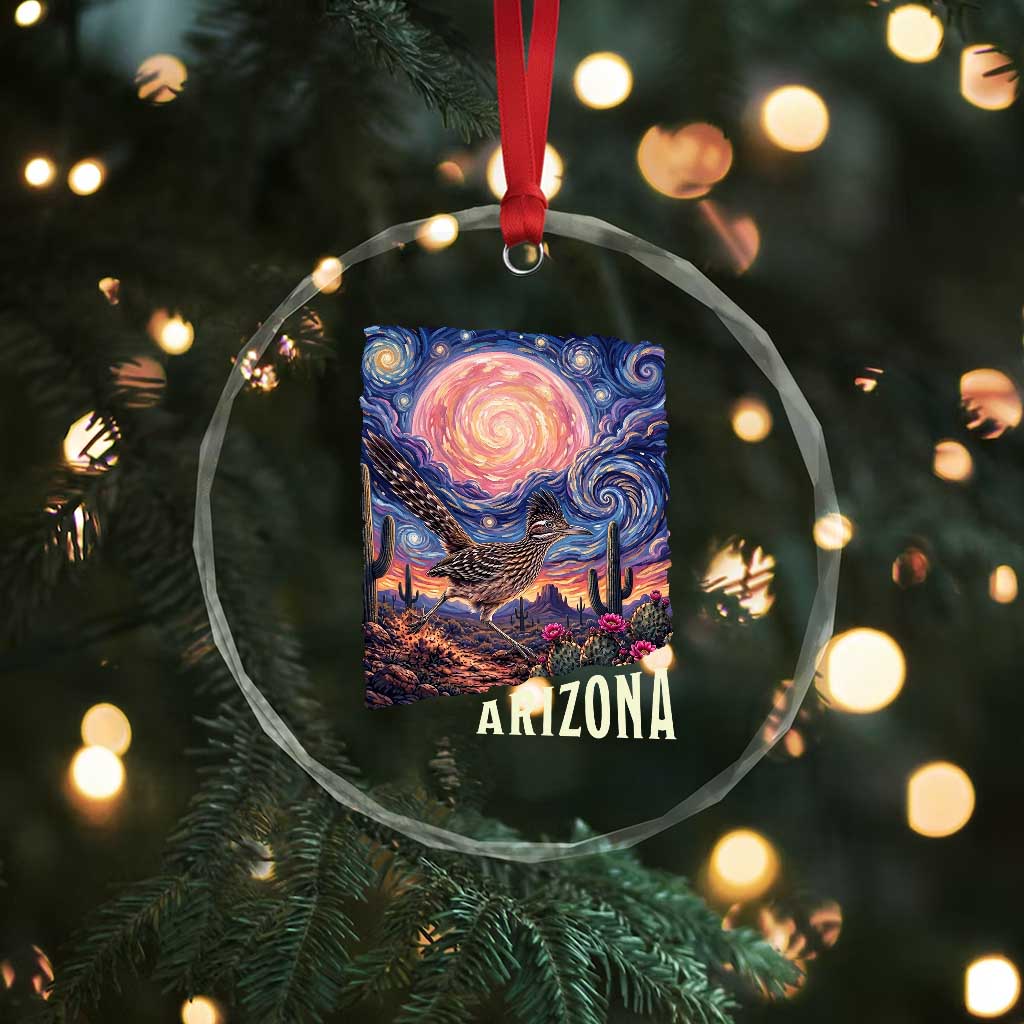 Arizona Roadrunner Vintage Desert Moon Retro Cactus Crystal Glass Ornament Southwest Wildlife Bird Starry Night Style