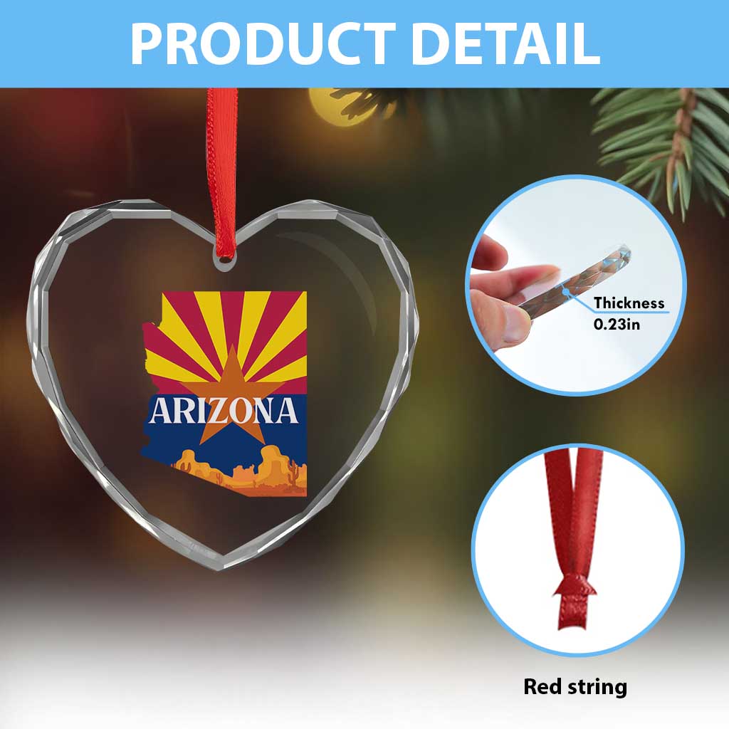 Arizona State Flag Map Graphic Heart Crystal Glass Ornament Southwest Sunburst Cactus State Pride Souvenir