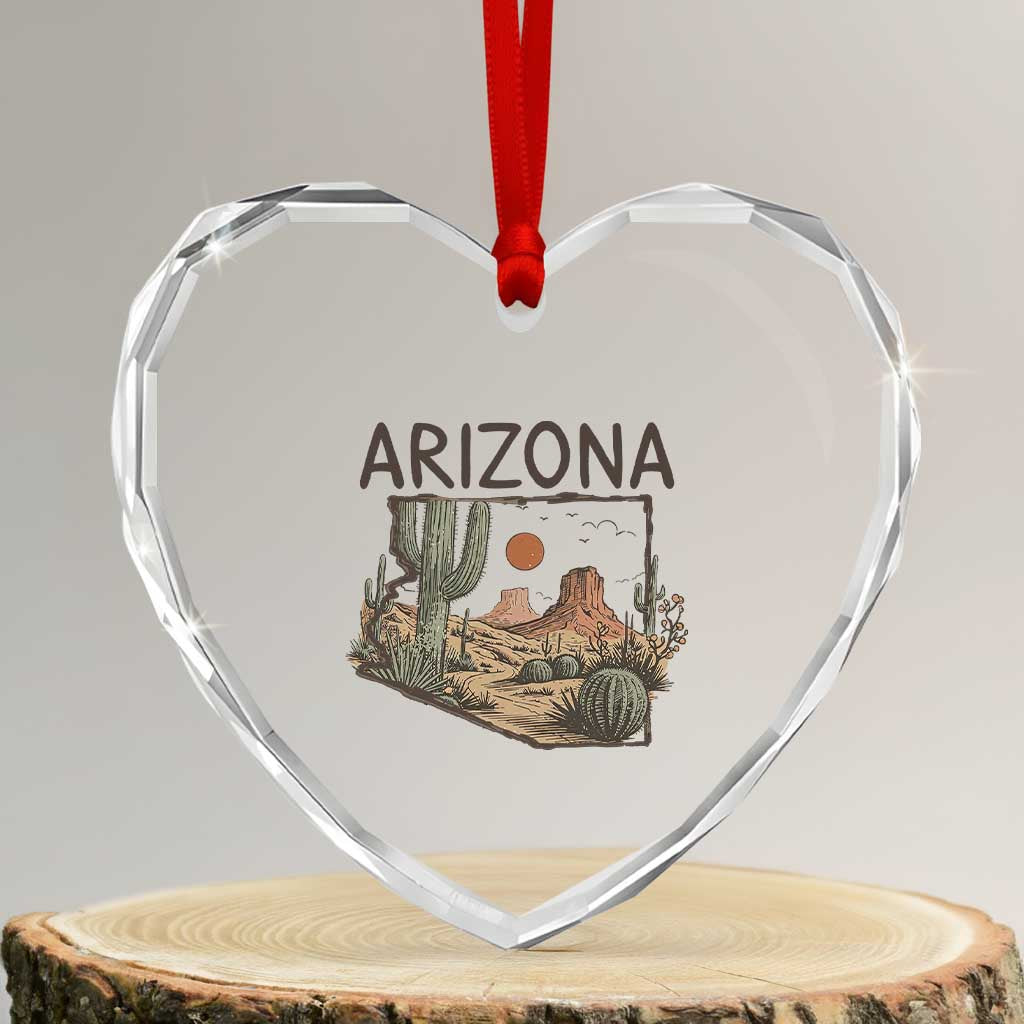Arizona State Map Desert Landscape Cactus Southwest Heart Crystal Glass Ornament