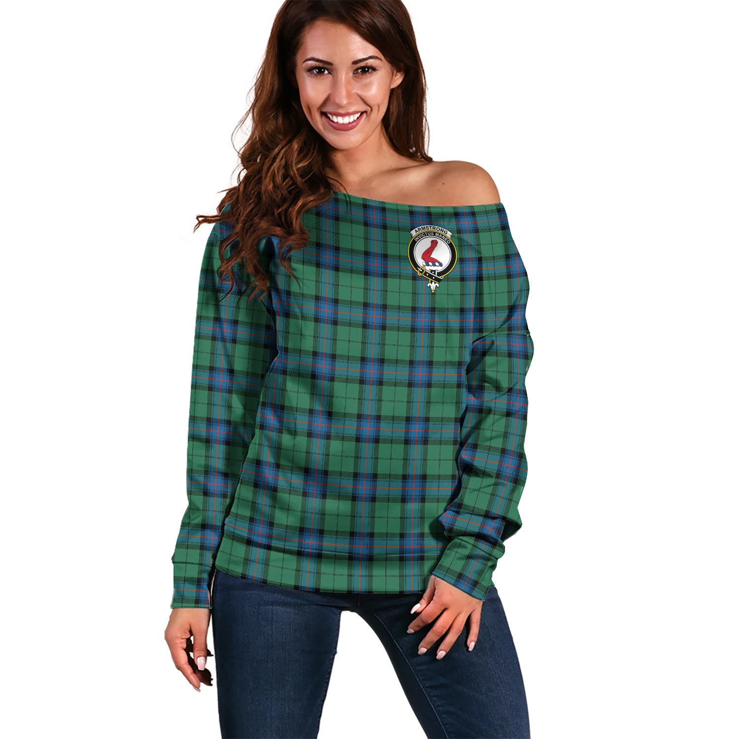 armstrong-ancient-clan-tartan-off-shoulder-sweater-family-crest-sweater-for-women