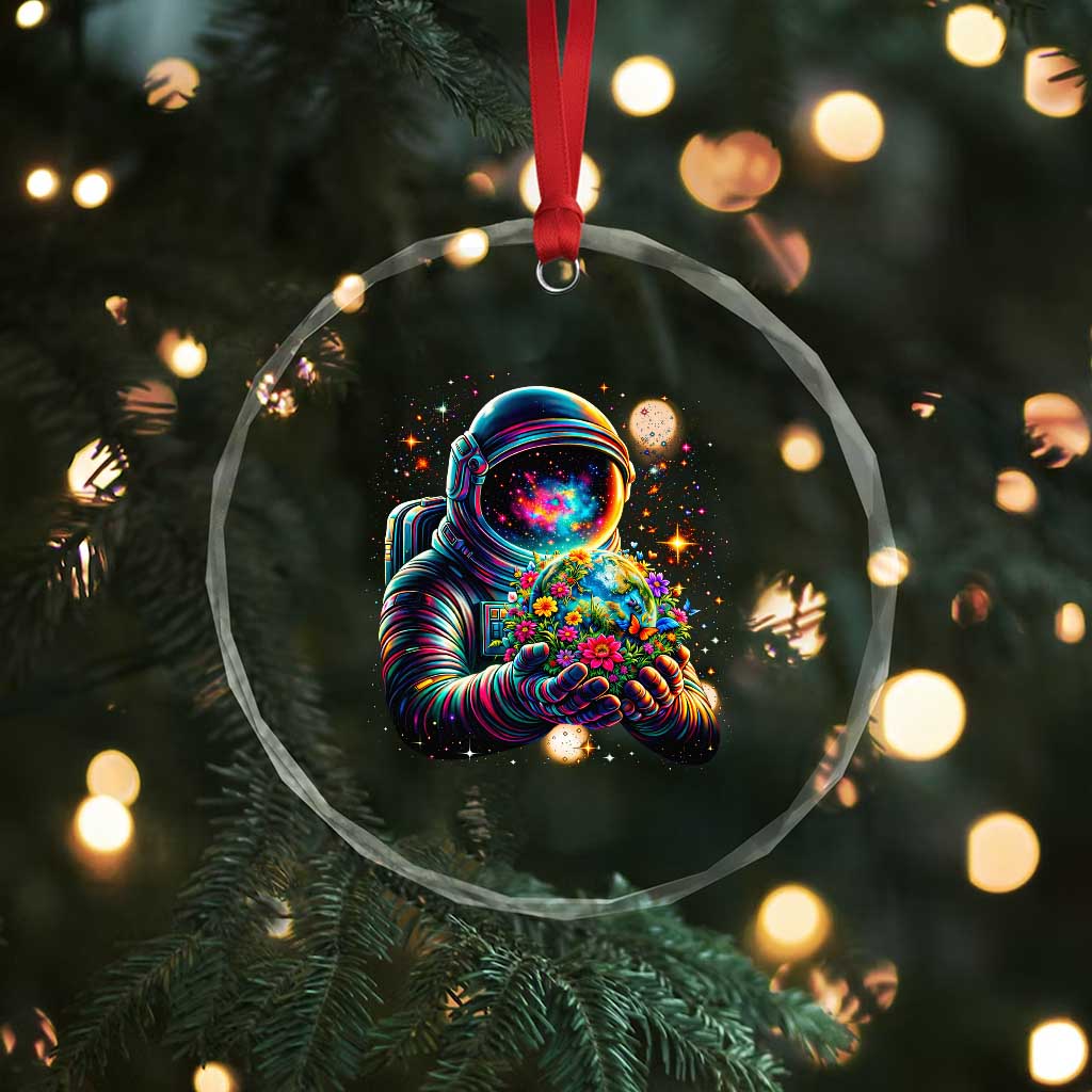 Astronaut Earth Flowers Spaceman Planet Galaxy Universe Crystal Glass Ornament