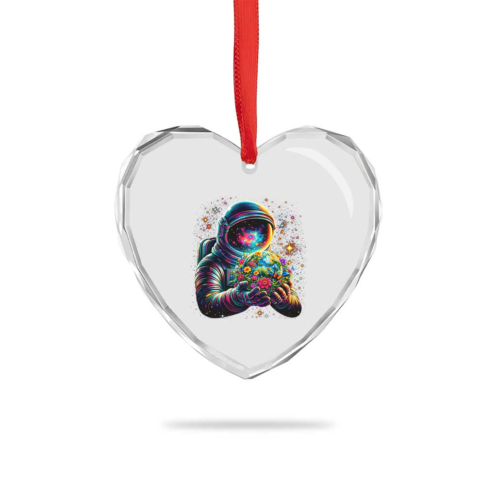 Astronaut Earth Flowers Spaceman Planet Galaxy Universe Heart Crystal Glass Ornament
