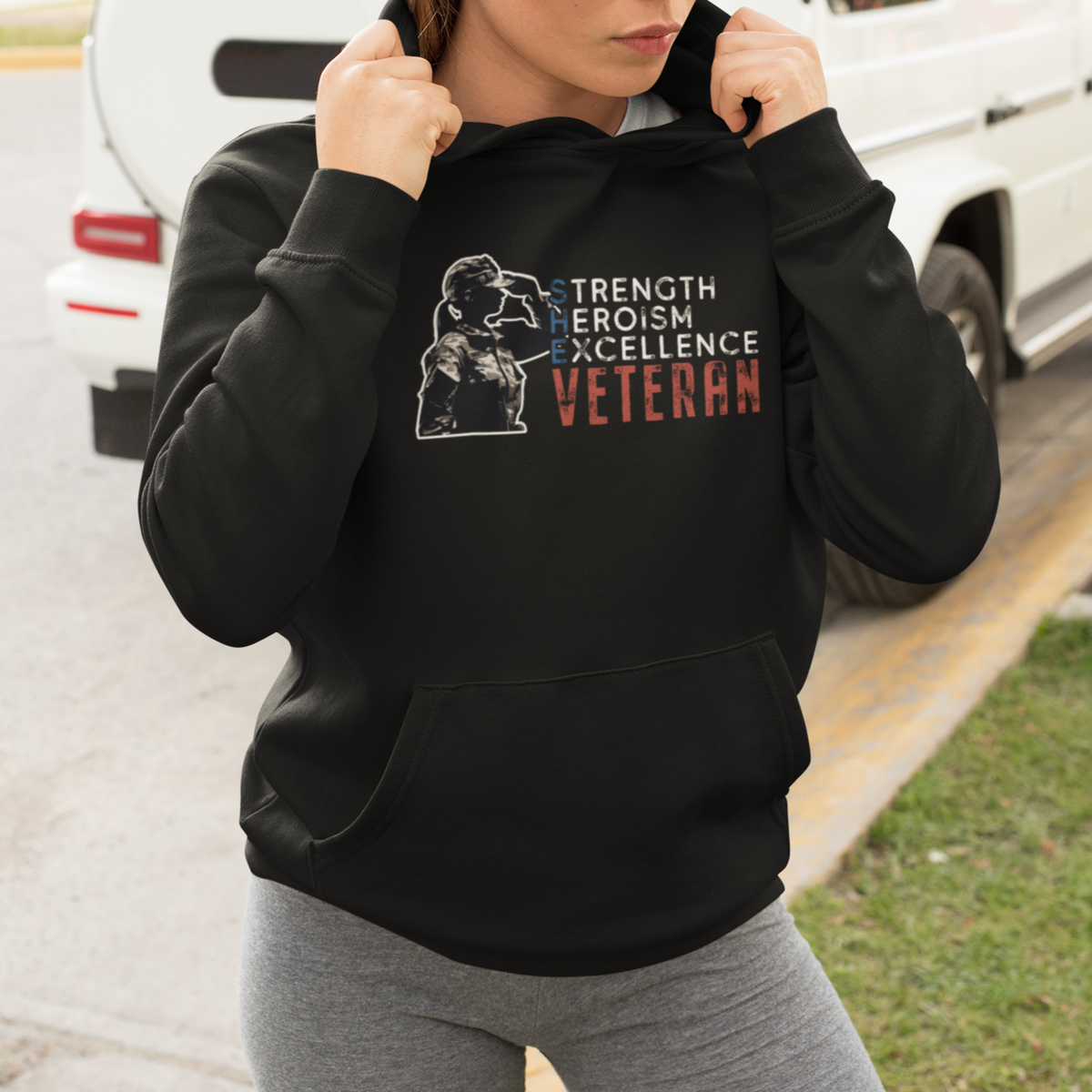 Female Veteran Hoodie Strength Heroism Excellence Women - Wonder Print Shop