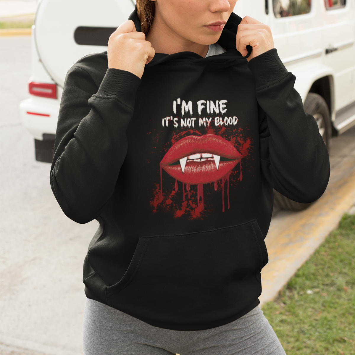 Halloween Hoodie Vampire Blood Lip I'm Fine It's Not My Blood - Wonder Print Shop