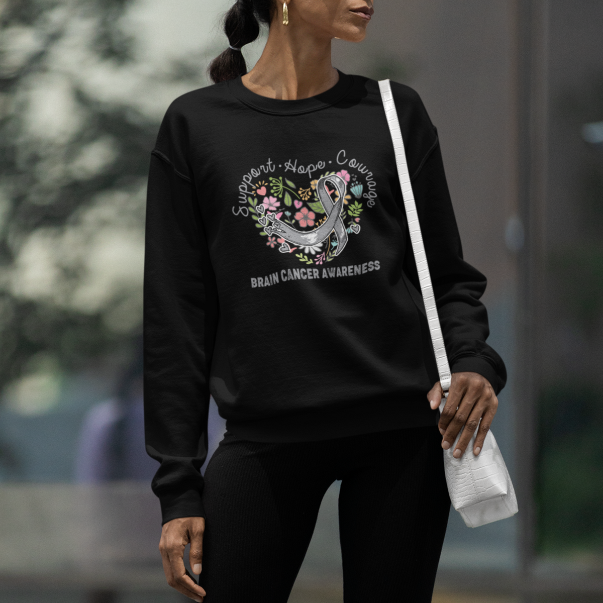 Brain Cancer Sweatshirt Brain Cancer Awareness Support Hope Courage Grey Ribbon - Wonder Print Shop