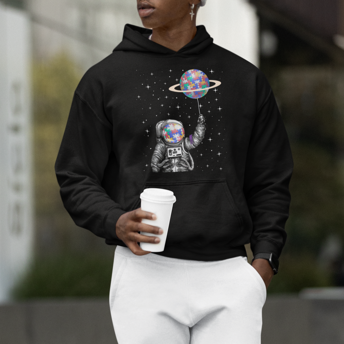 Autism Awareness Hoodie Astronaut Puzzle Balloon Autistic Outer Space - Wonder Print Shop