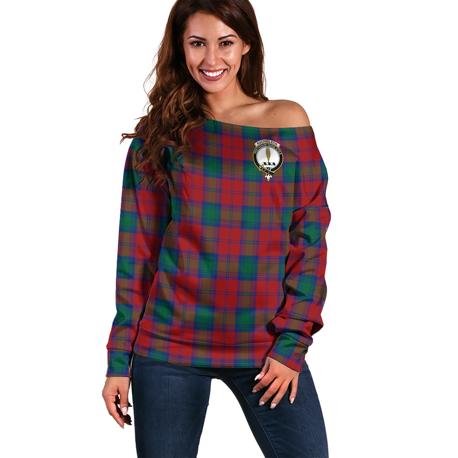 auchinleck-clan-tartan-off-shoulder-sweater-family-crest-sweater-for-women