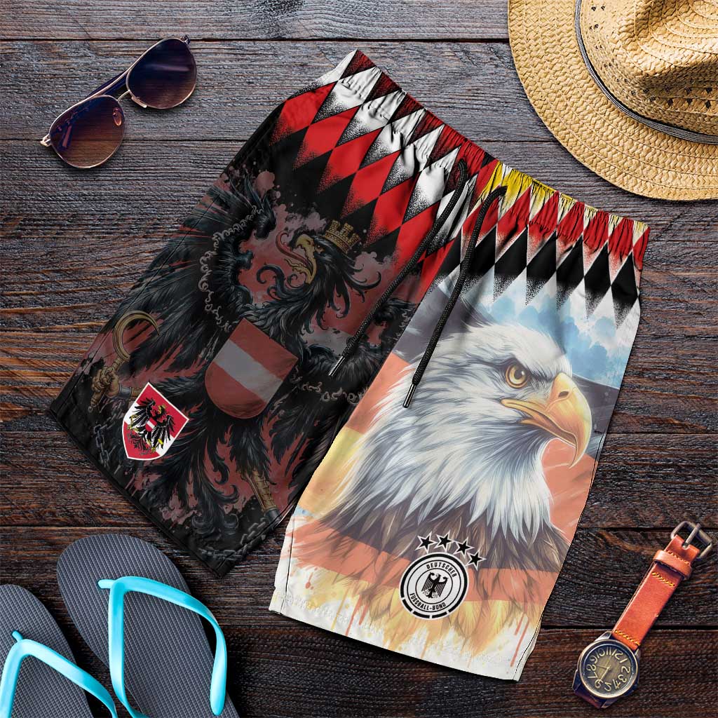 Austria and Germany National Football Shorts for Men Split Half Diamond Argyle with Eagles Watercolor Paint Splash Art
