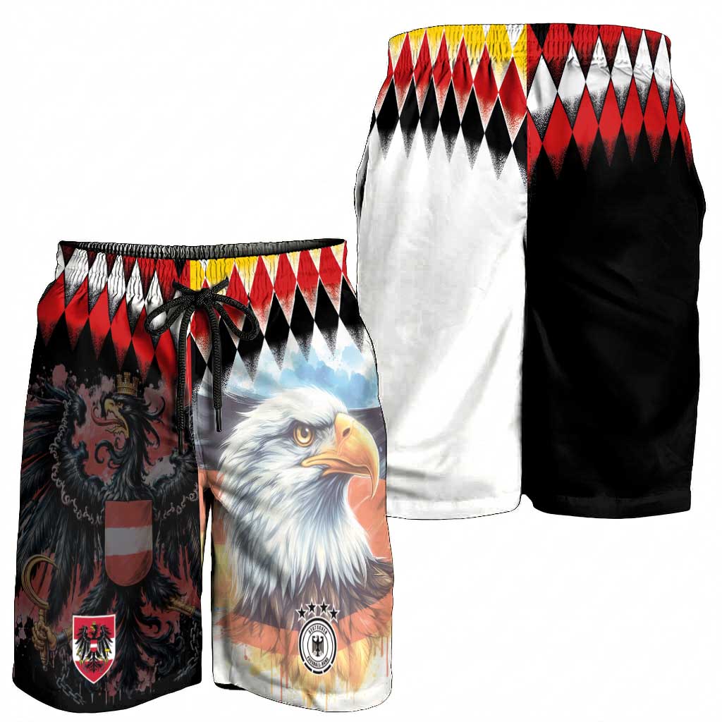 Austria and Germany National Football Shorts for Men Split Half Diamond Argyle with Eagles Watercolor Paint Splash Art