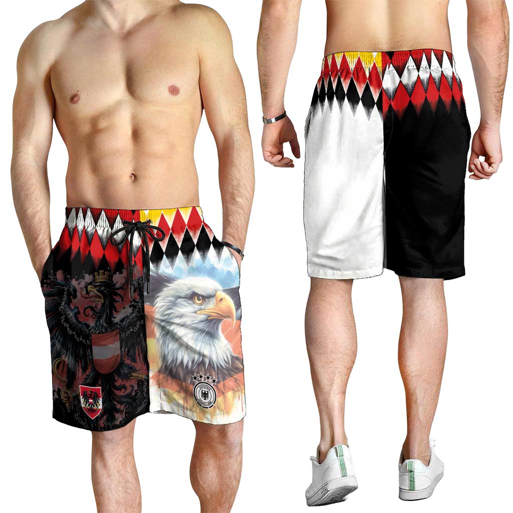 Austria and Germany National Football Shorts for Men Split Half Diamond Argyle with Eagles Watercolor Paint Splash Art