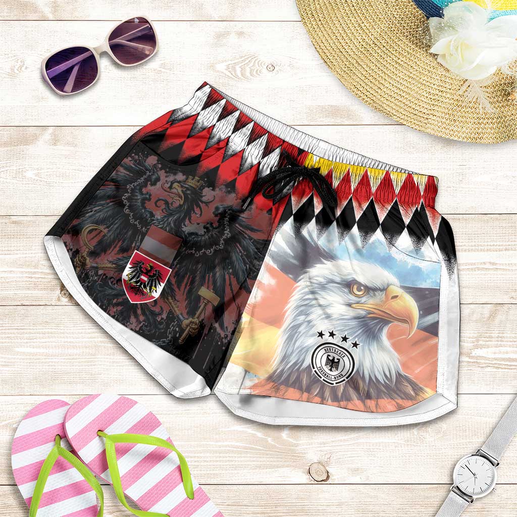 Austria and Germany National Football Shorts for Women Split Half Diamond Argyle with Eagles Watercolor Paint Splash Art