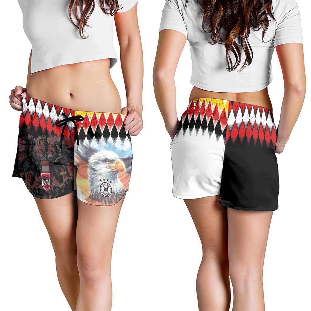 Austria and Germany National Football Shorts for Women Split Half Diamond Argyle with Eagles Watercolor Paint Splash Art