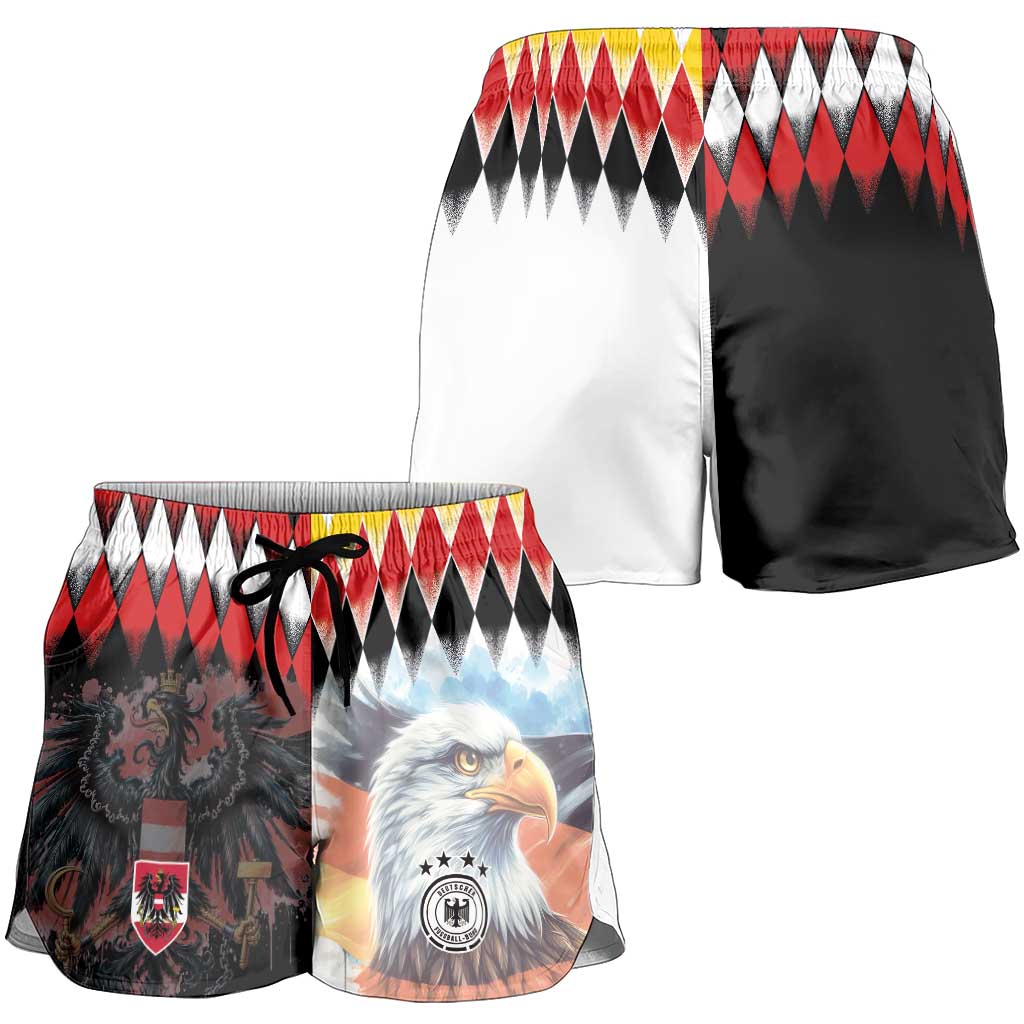 Austria and Germany National Football Shorts for Women Split Half Diamond Argyle with Eagles Watercolor Paint Splash Art