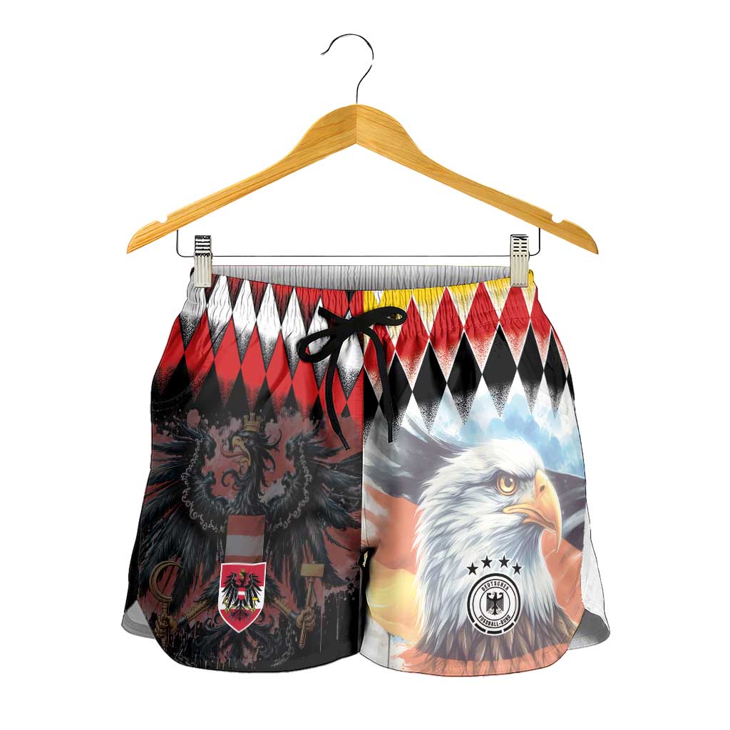 Austria and Germany National Football Shorts for Women Split Half Diamond Argyle with Eagles Watercolor Paint Splash Art