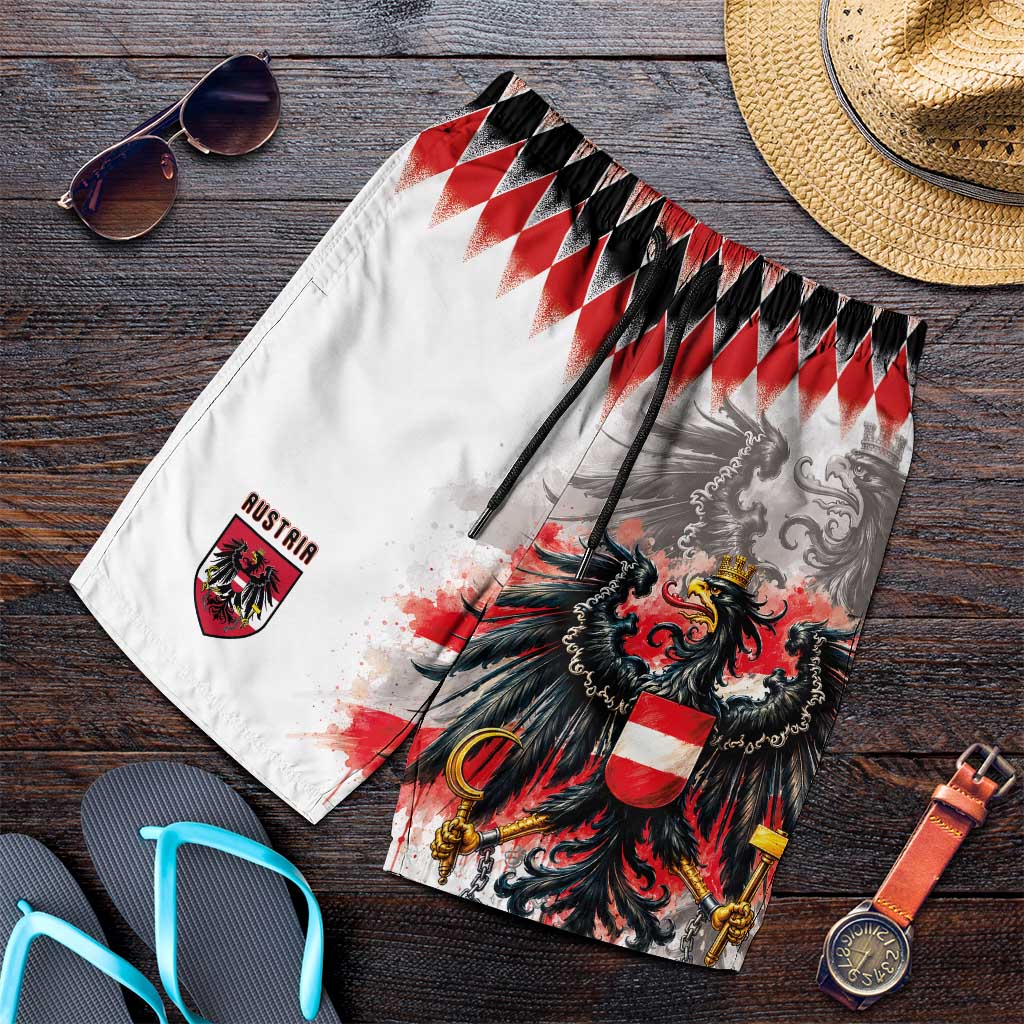 Austria National Football Shorts for Men Argyle Diamond Pattern with Eagle Watercolor Paint Splash Graphic Art
