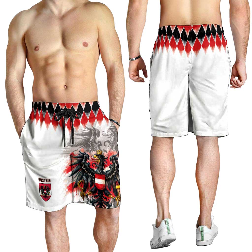 Austria National Football Shorts for Men Argyle Diamond Pattern with Eagle Watercolor Paint Splash Graphic Art