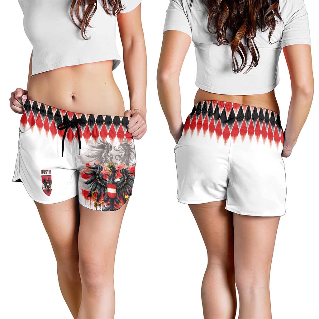 Austria National Football Shorts for Women Argyle Diamond Pattern with Eagle Watercolor Paint Splash Graphic Art