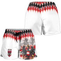 Austria National Football Shorts for Women Argyle Diamond Pattern with Eagle Watercolor Paint Splash Graphic Art