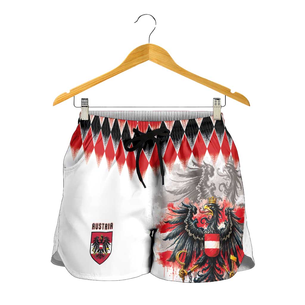 Austria National Football Shorts for Women Argyle Diamond Pattern with Eagle Watercolor Paint Splash Graphic Art