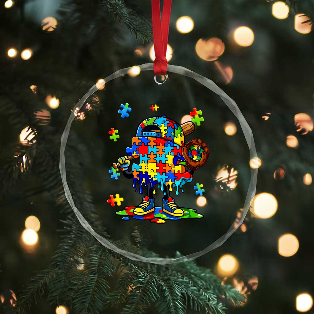 Autism Acceptance Baseball Crystal Glass Ornament Colorful Drip Graphic Neurodiversity Support